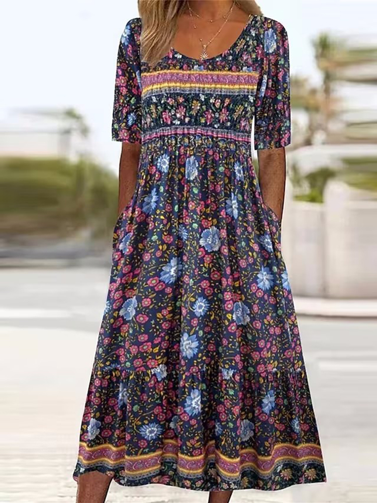 Boho Floral Pattern Short Sleeve Maxi Dress wearshes