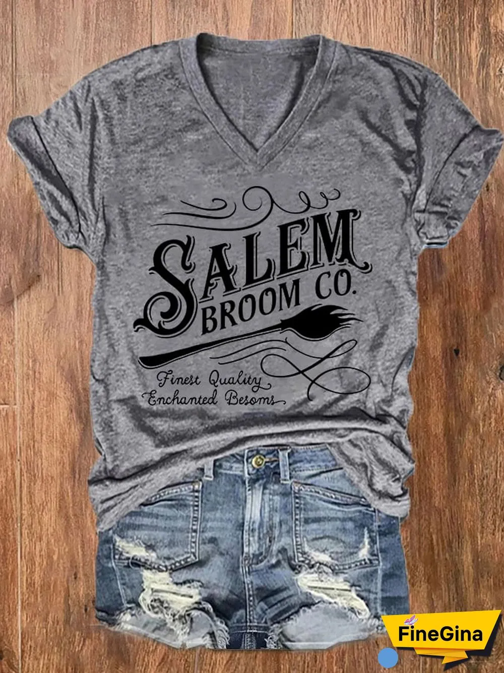 Women's Halloween Salem Broom Co. Casual V-Neck Tee