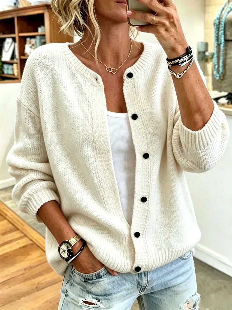 Women Knitted Plain Long Sleeve Comfy Casual Cardigan