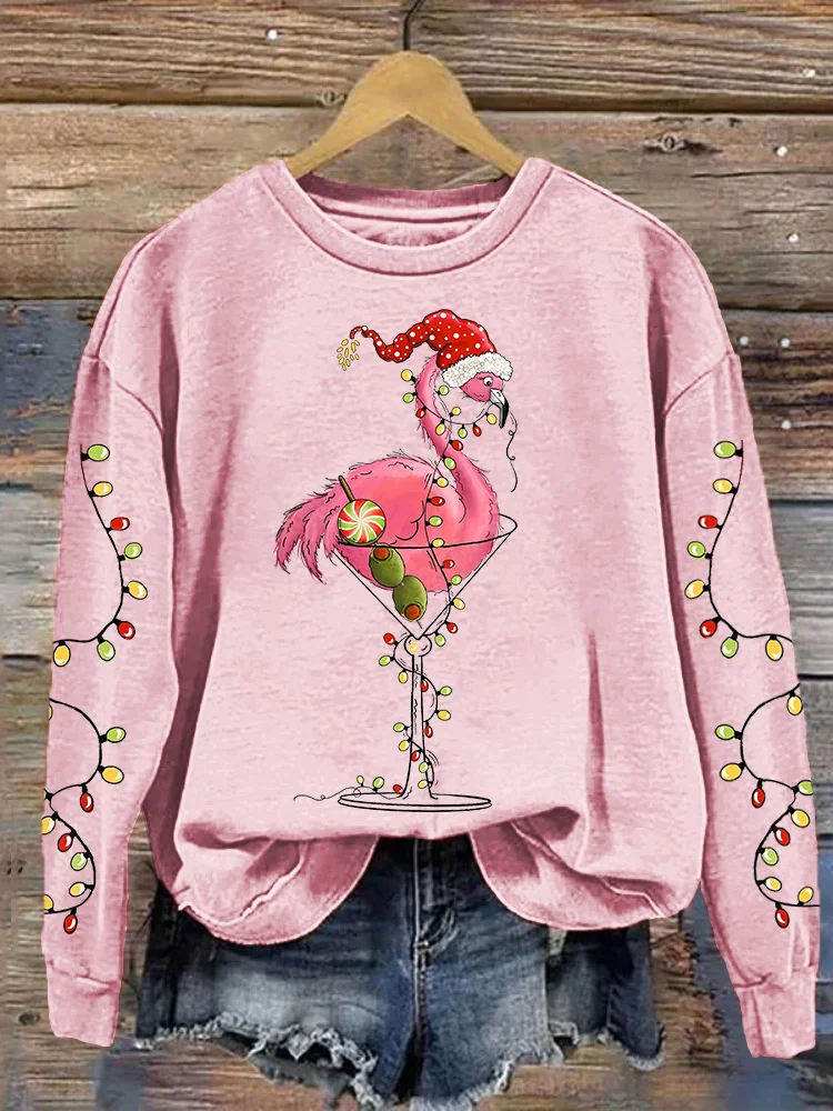 Flamingo Christmas Lights Print Casual Cozy Sweatshirt