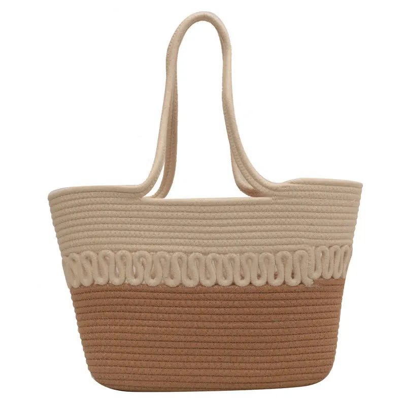 Vintage Colorblock Dot Hollow Boho Handmade Straw Tote Bag