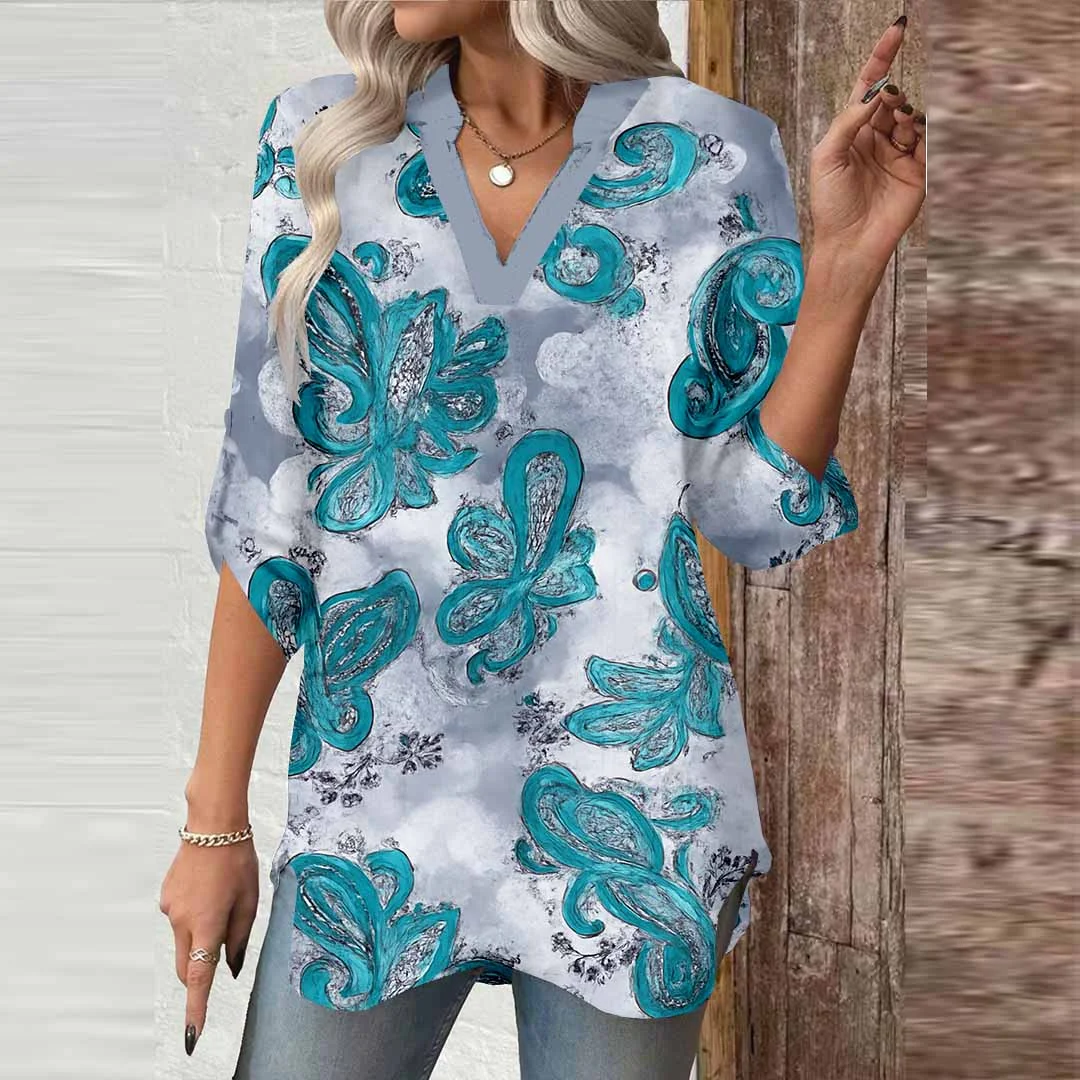 Women Floral, Green DZGA0062 3/4 Sleeve V-neck Printed Graphic Button Tops