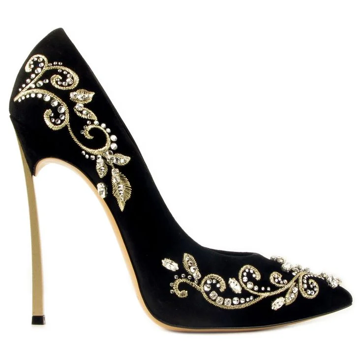 Black and Gold Wedding Heels Embroidered Rhinestone Pumps |FSJ Shoes