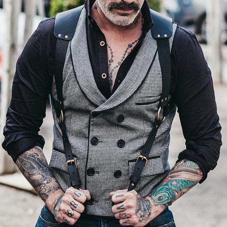 Retro Slim Fit Black And White Checkered Lapel Double Breasted Vest