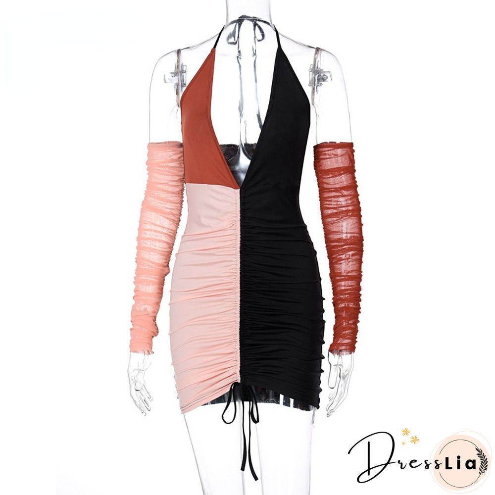 Sexy Club Party Pull Cord Wrinkle Hartler V Leader Sleeve Pencil Miniskirt Women's Puzzle Dress