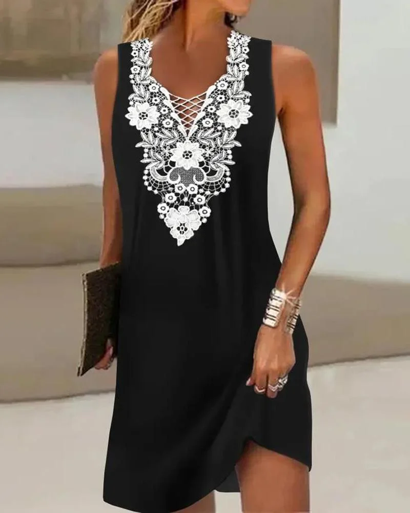 Contrast Lace Sleeveless Casual Dress