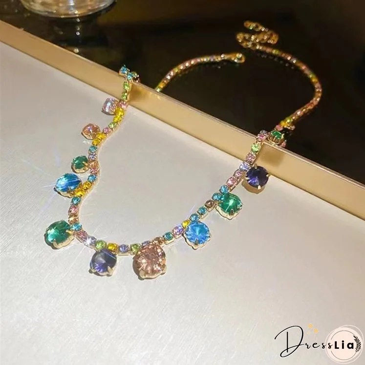 Style Rainbow Alloy Zircon Square Princess Necklace