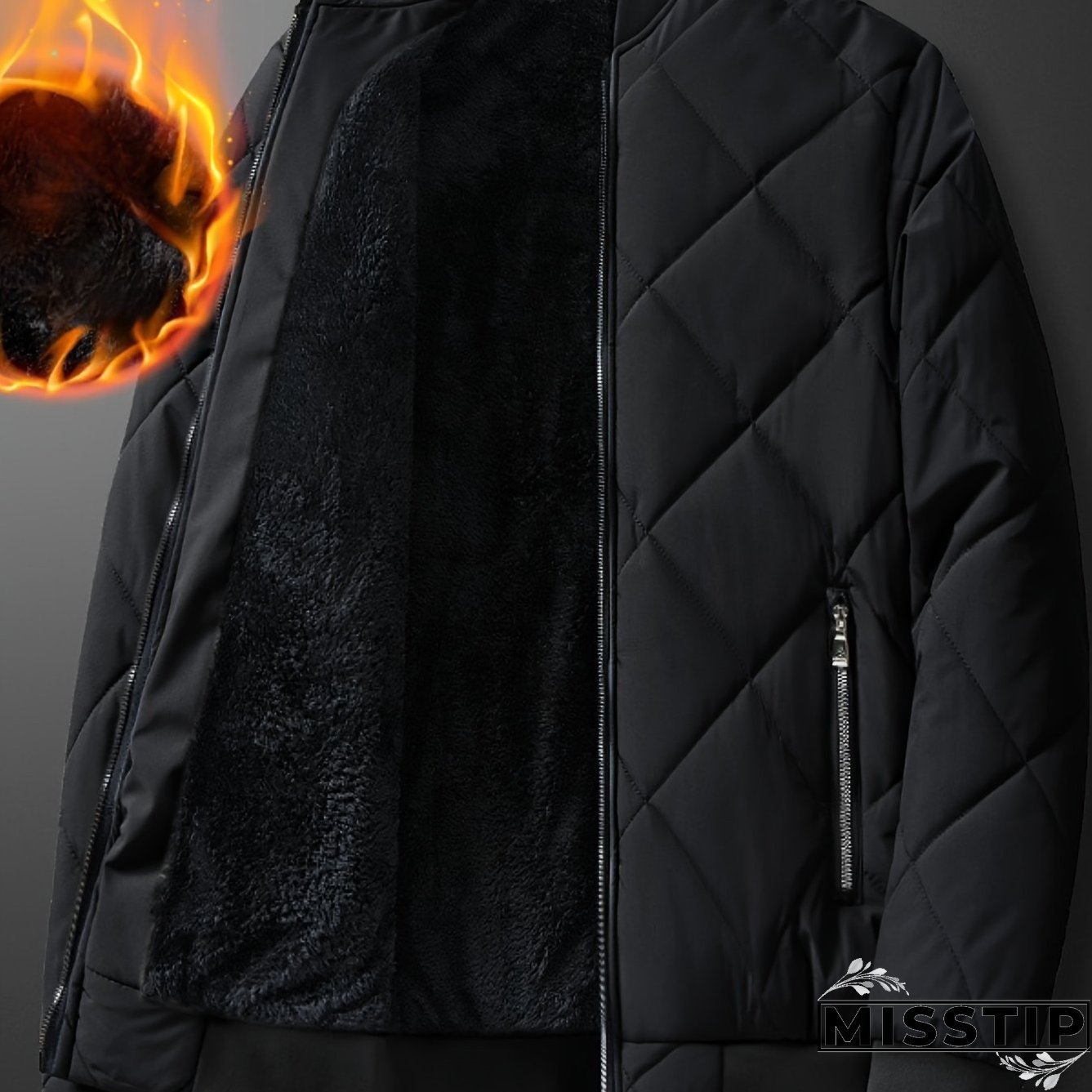 WarmthMax Men's Padded Fleece Jacket - Water-Resistant, Stand Collar, Zip-Up, Zippered Pockets, Breathable, Versatile, and Comfortable for Winter Outdoor Activities, Hiking, Camping, and Daily Wear