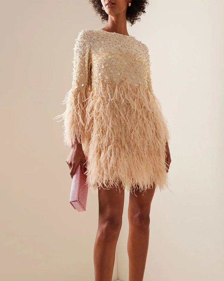  Feathered-Trimmed Embroidered-Silk Mini Dress