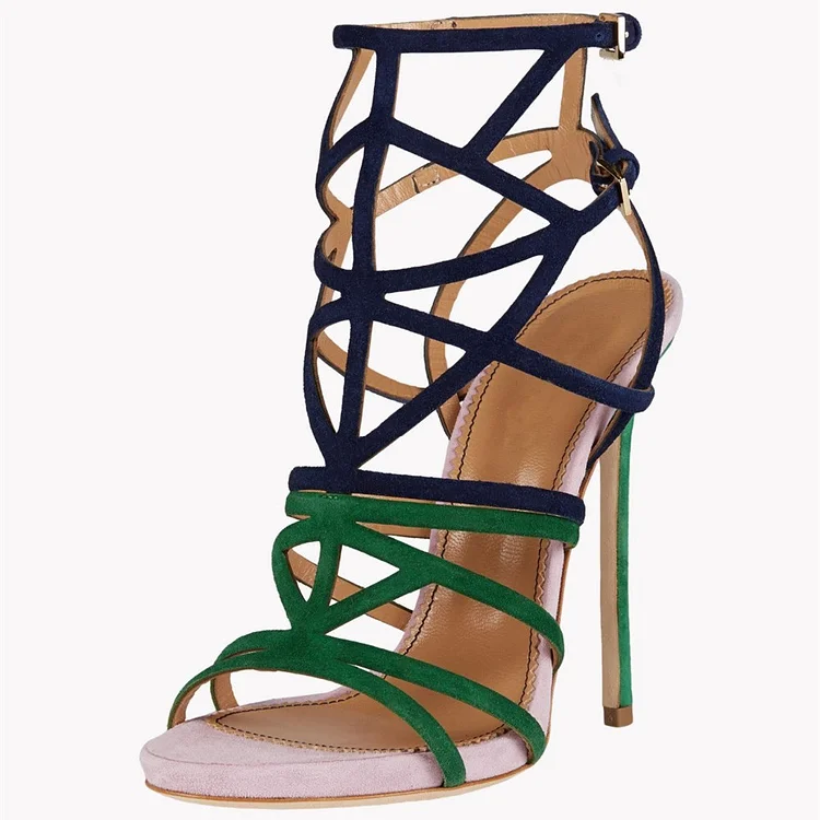 Women's Green and Navy Caged Strappy High Heel Sandals |FSJ Shoes