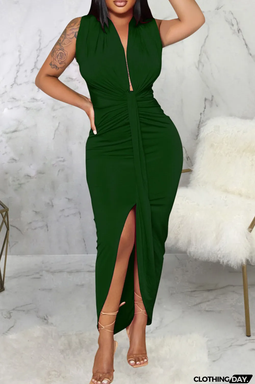 Black Sexy Solid Patchwork Asymmetrical V Neck Irregular Dress Dresses