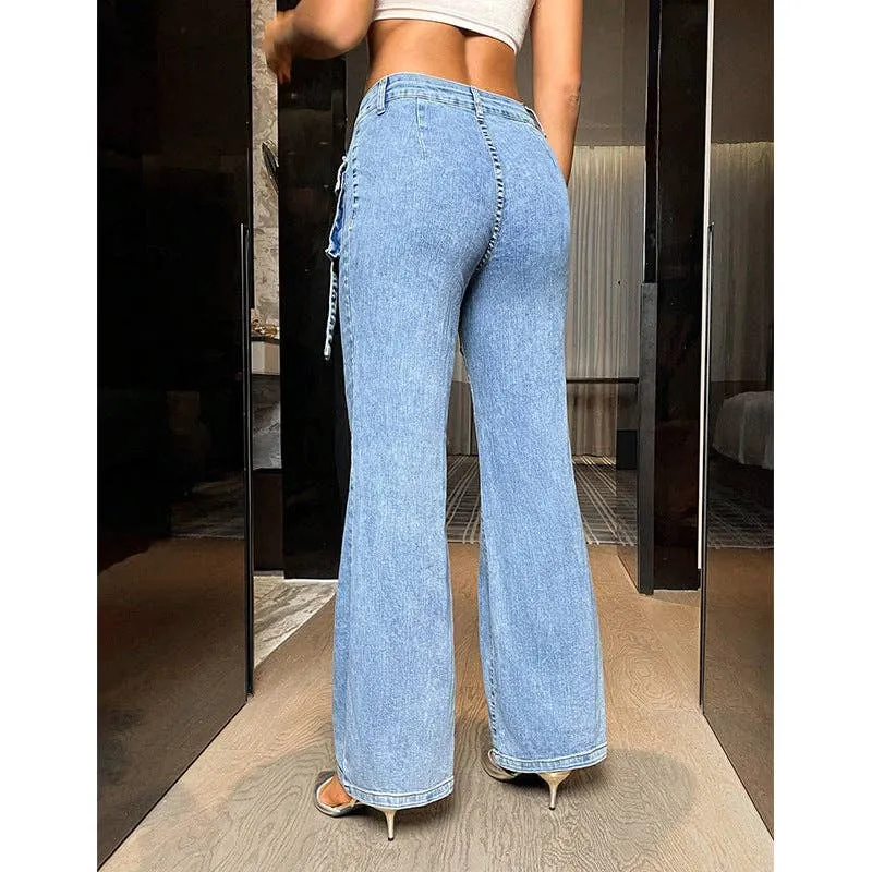 High Waist Denim Straight-Leg Trousers with Fashionable Pockets for Women