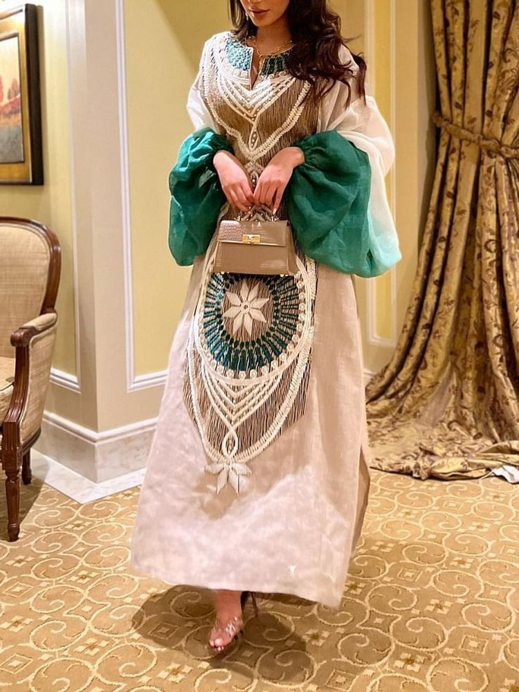 Bohemian Embroidered Lantern Sleeve V Neck Kaftan