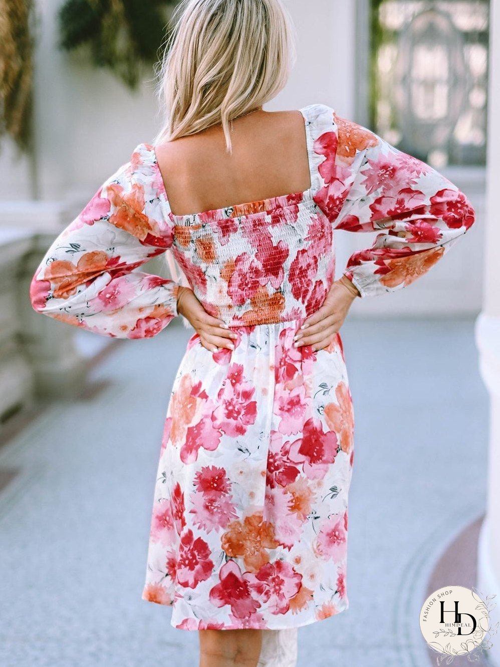 Elegant White Floral Smocked Puff Sleeve A-Line Dress