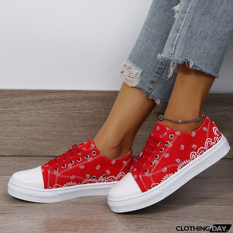 Cute Round Toe Lace Up Cartoon Print Canvas Loafers for Women