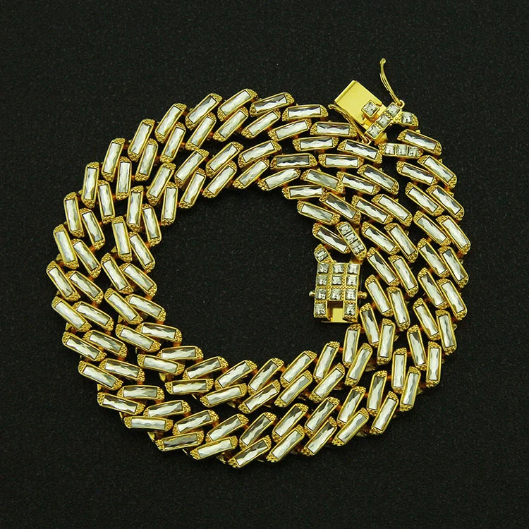15mm Iced Out Baguette Rhinestone Cuban Link Chain Necklace