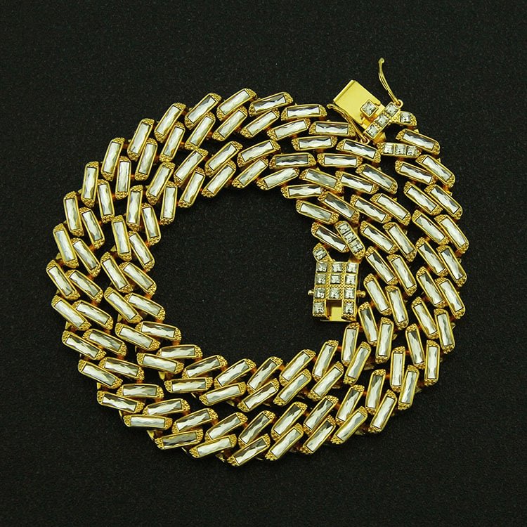 15mm Iced Out Baguette Rhinestone Cuban Link Chain Necklace