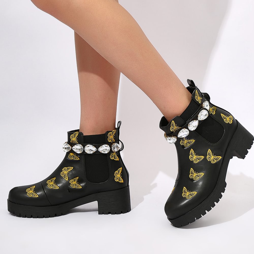 Black Round Chunky Boots Rhinestone Ankle Boots with Butterfies Pattern Nicepairs