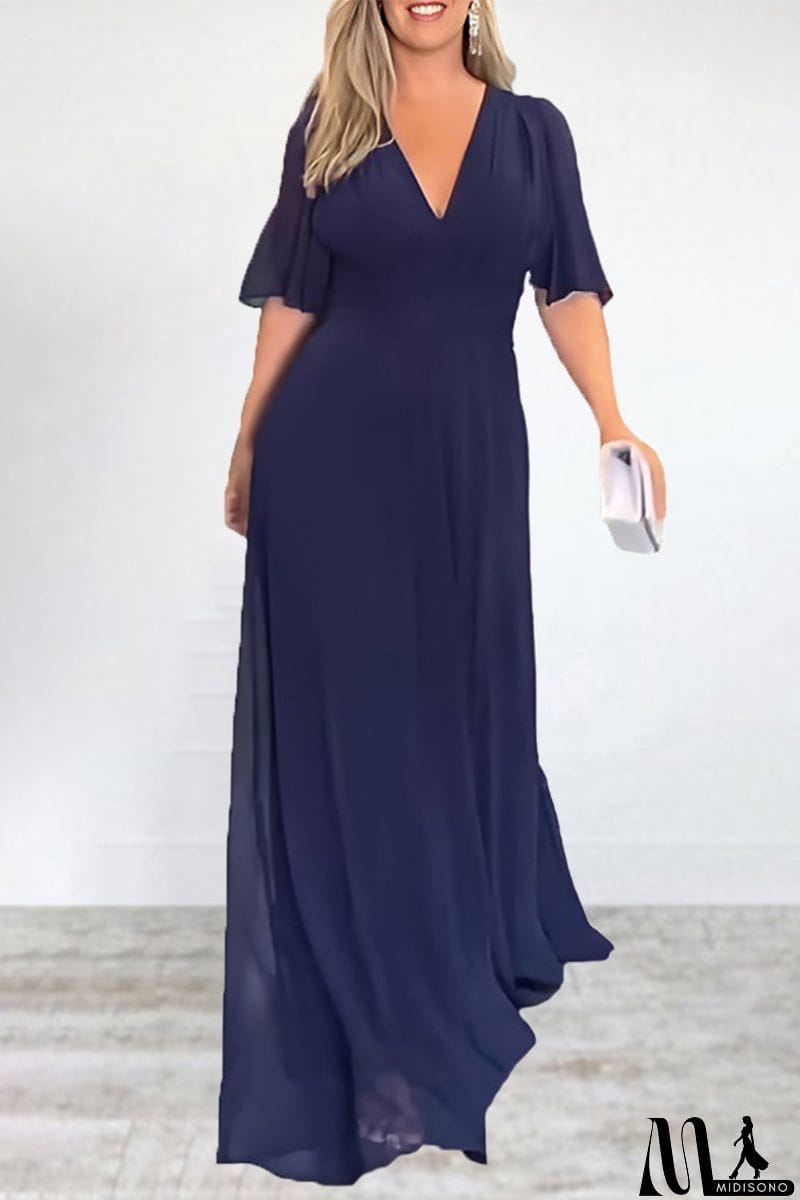 MidiSono - Elegant Solid Slit V Neck A Line Dresses