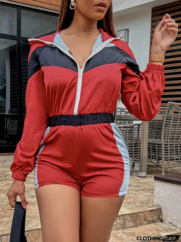 Color Block Zip Up Hooded Romper