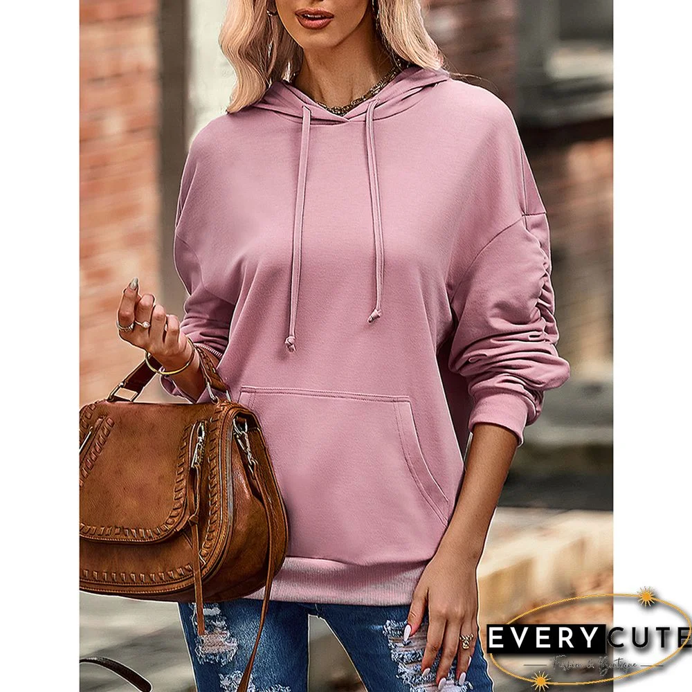 Pink Pleated Sleeve Drop Shoulder Kangroo Hoodie