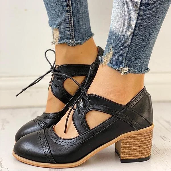 Prettyava Lace-Up Cut Out Chunky Heels