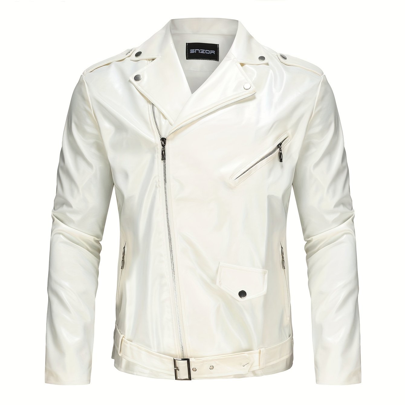 Stylish Slant Placket Biker Jacket, Men's Casual Solid Color Belt Zip Up Turndown Collar Faux Leather Jacket For Spring Fall