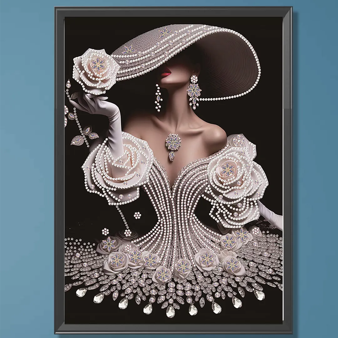 Pearl Rose Evening Gown Lady Special Shaped 5D DIY Partial Drill Diamonds Dots Gem Art Kits 11.81x15.75Inch Diamond Dots Paintings Diamonds Paintings Gem Art for Adults Beginners Home Decor