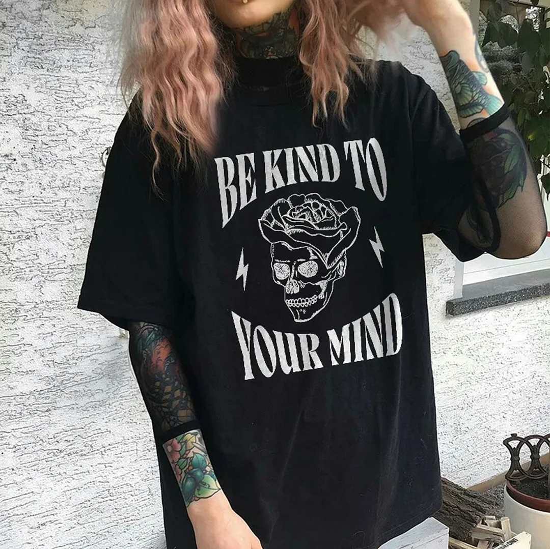 BE KIND TO YOUR MIND Skull Rose Black Print Loose-fit T-shirt