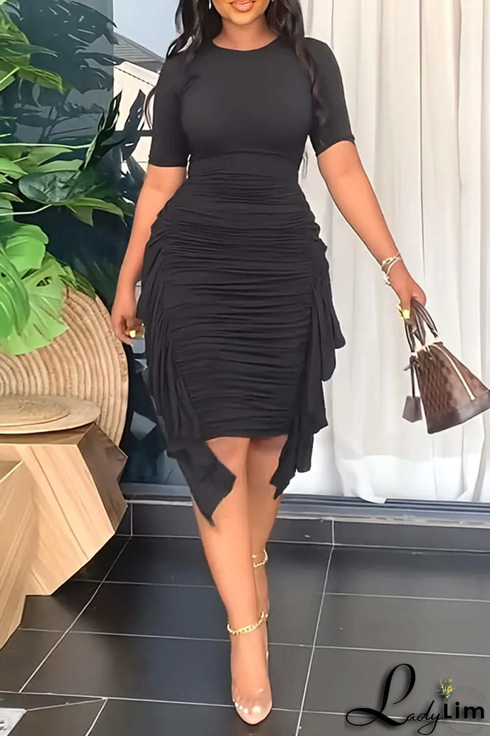 Pink Fashion Casual Solid Patchwork Fold O Neck Short Sleeve Dress