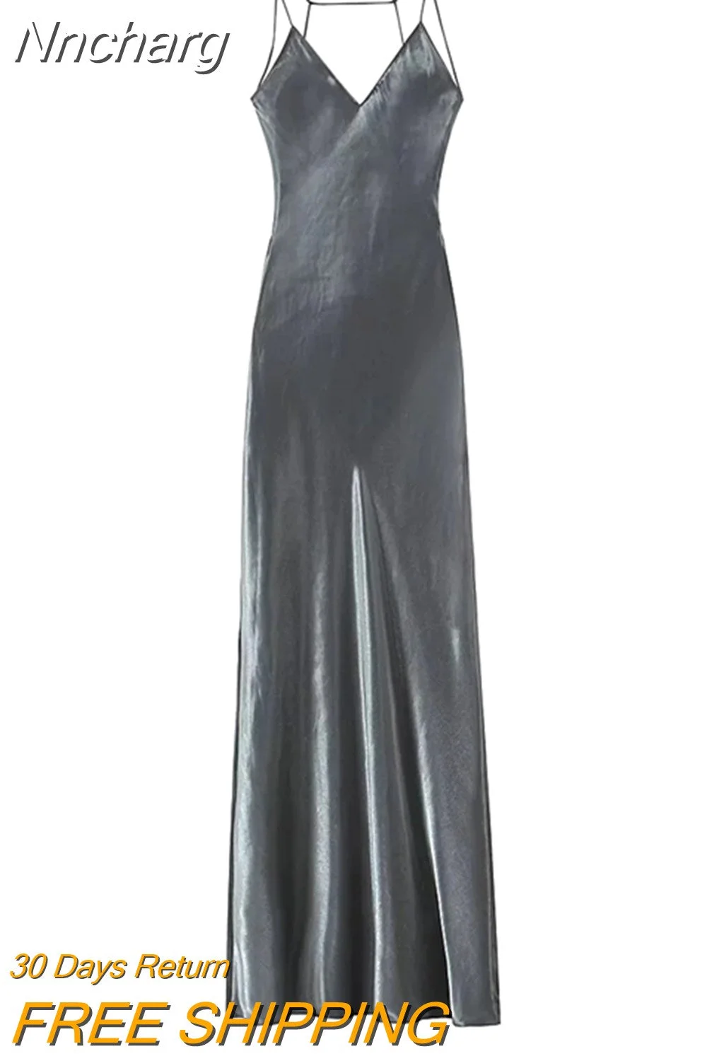 Nncharge TRAF Chic V-neck Women Bodycon Dress Metallic Luxury Dress Back With Zipper Leg Stretch Midi Evening Party Dress Women