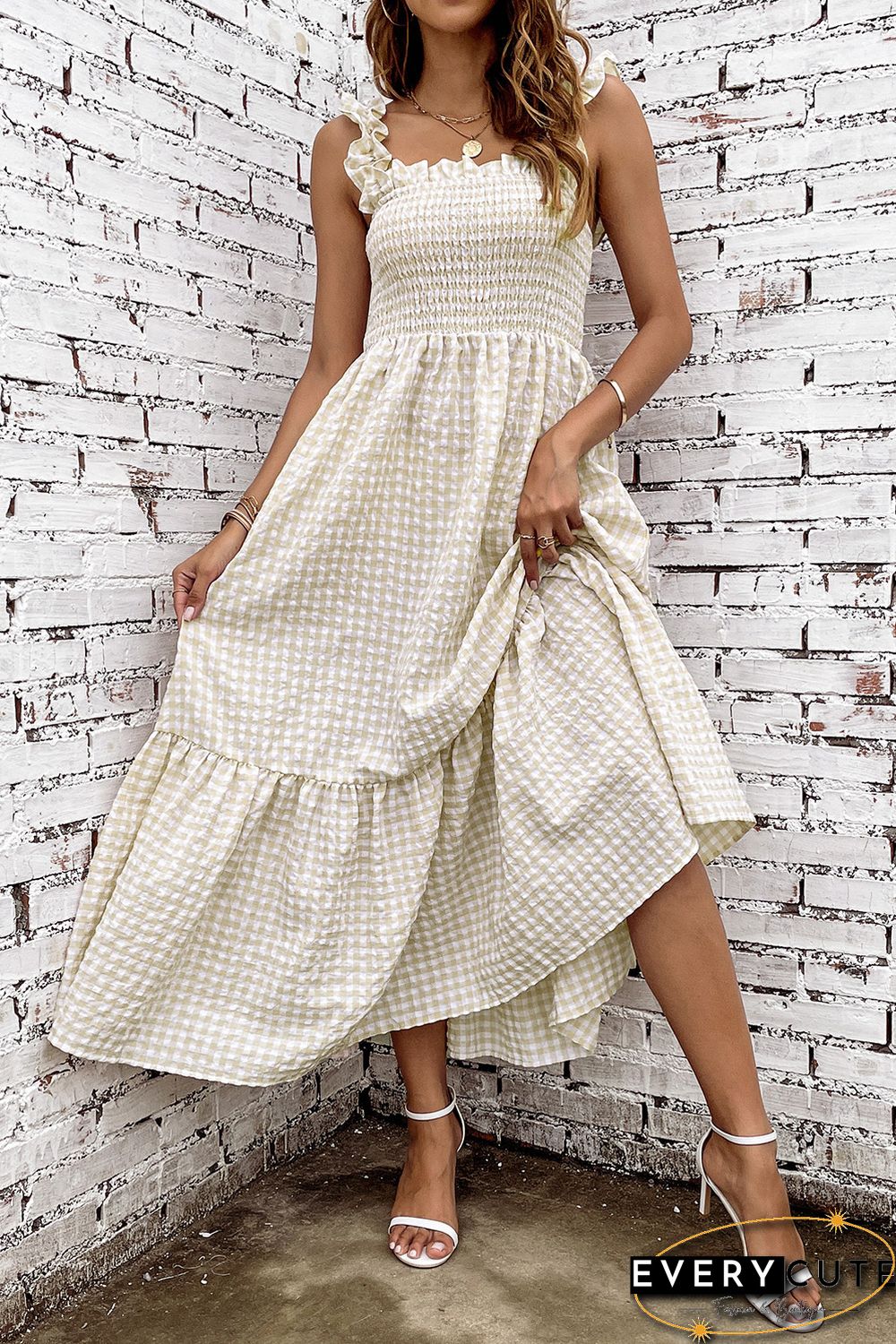 Khaki Plaid Ruffled Sleeve Smocked Maxi Dress