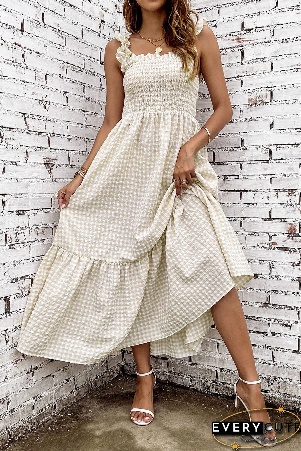 Khaki Plaid Ruffled Sleeve Smocked Maxi Dress