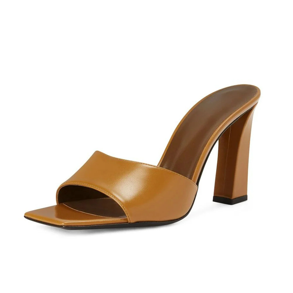 Women's Brown Open Square Toe Single Wide Strap High Heel Mules