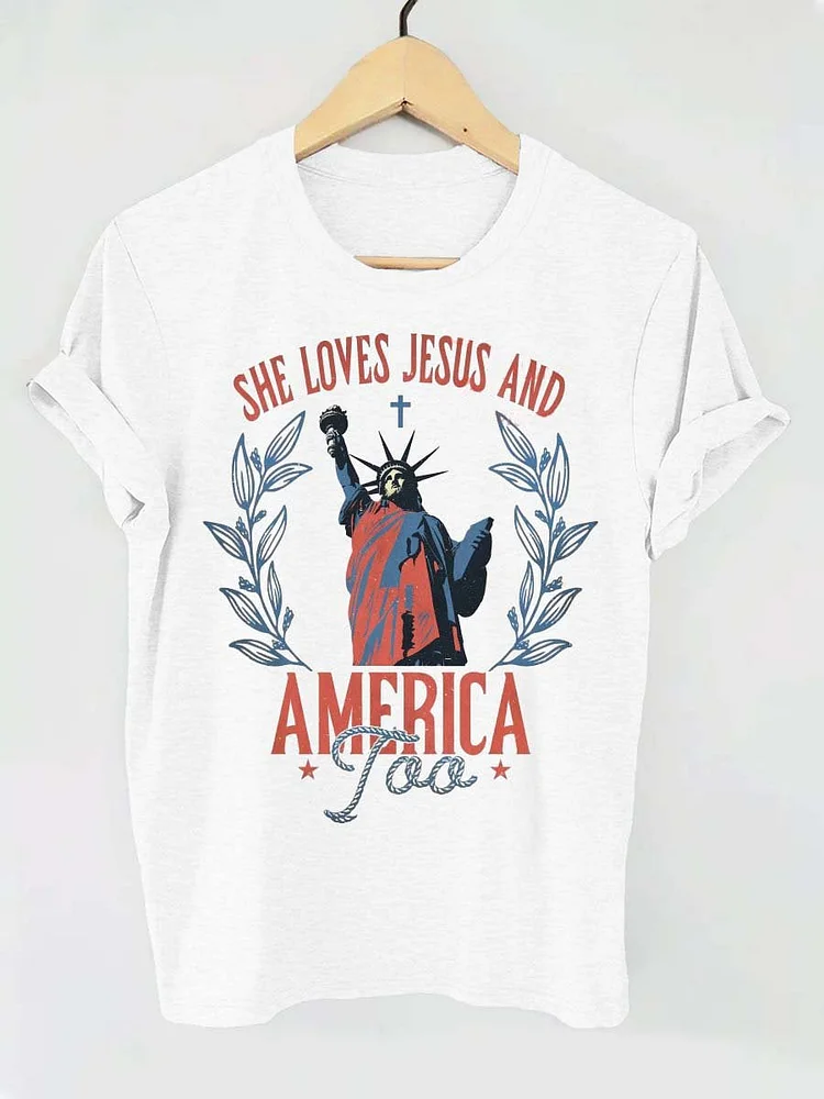 Independence Day She Loves Jesus And America Letter Print T-shirt