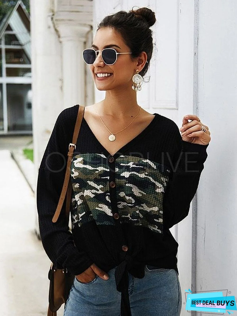 Camouflage Stitching V-Neck Knit Sweater