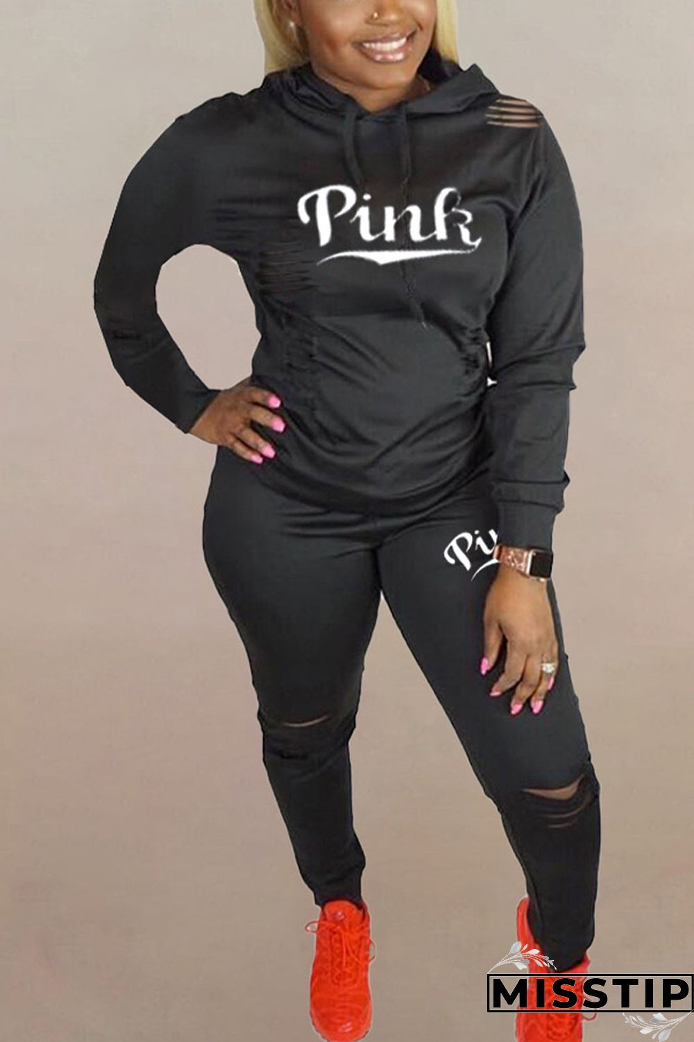 Dark Blue Sportswear Letter Hollowed Out Hooded Collar Long Sleeve Two Pieces