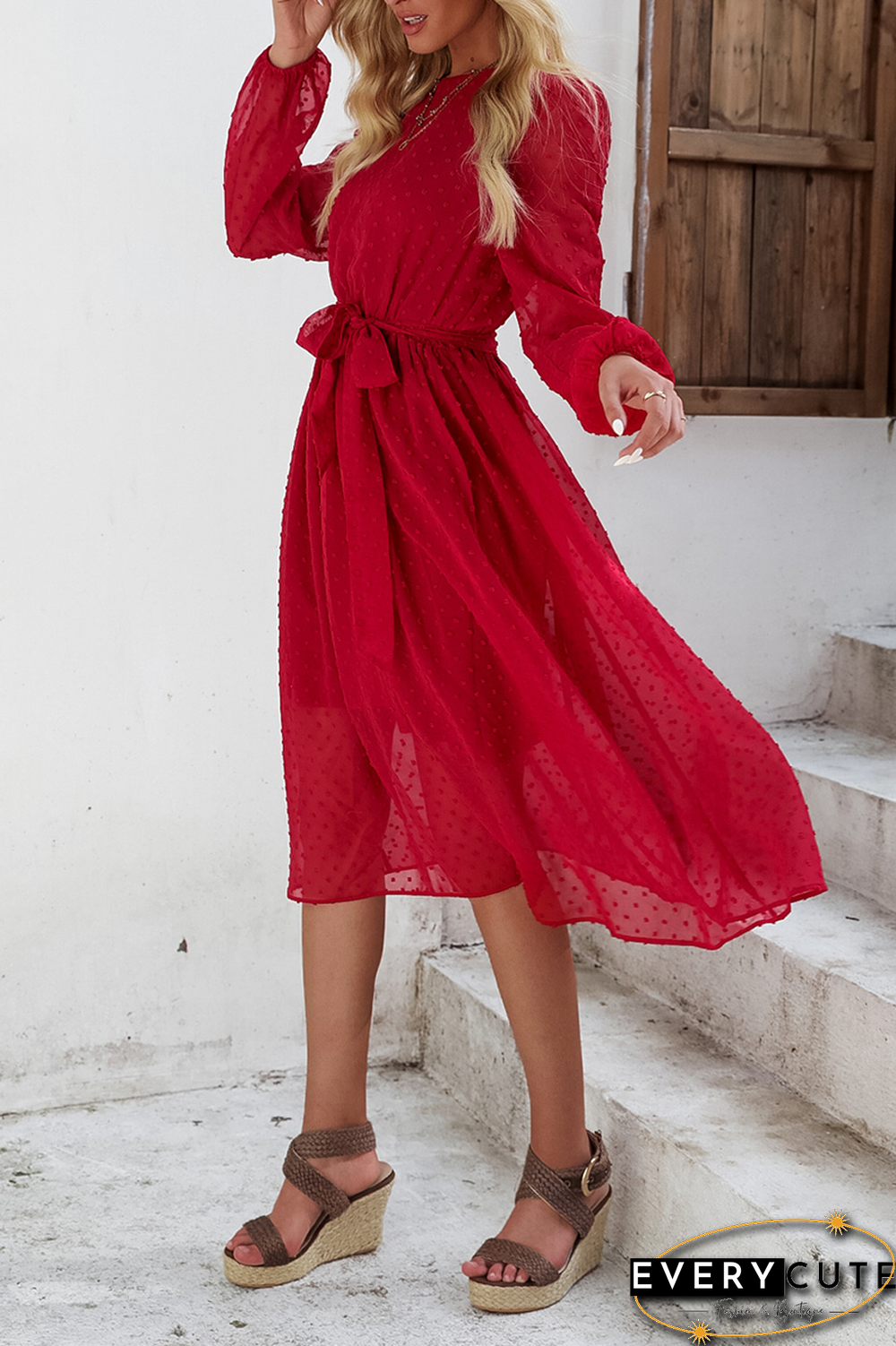 Casual Solid Split Joint O Neck Waist Skirt Dresses