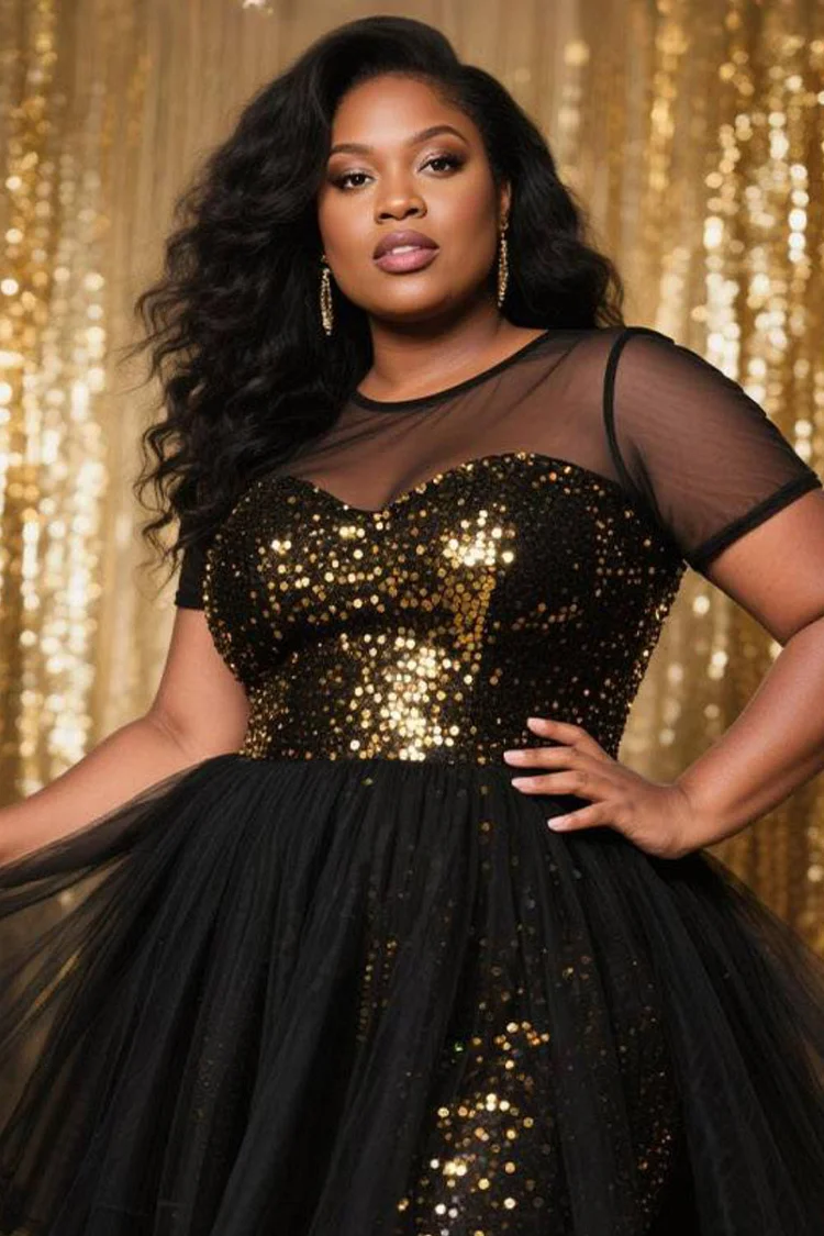 Xpluswear Design Plus Size Party Tulle Black Round Neck Short Sleeve See Through Vintage Sequin Mini Dresses [Pre-Order]