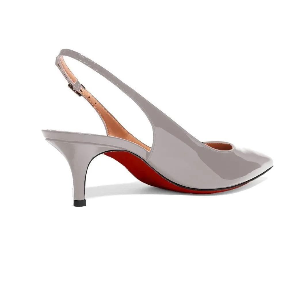 Women's Pointed Toe Slingback Shoes Kitten Heel Pumps Comfortable Dress Grey Patent Shoes-vocosishoes