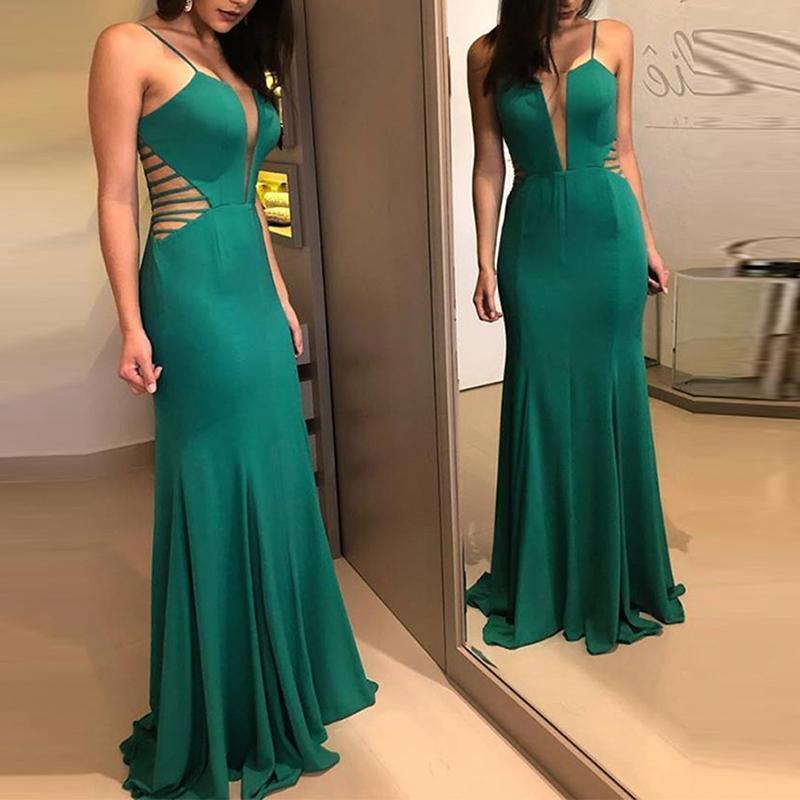 Sexy Deep V Sling See-Through Pure Colour Fishtail Evening Dress