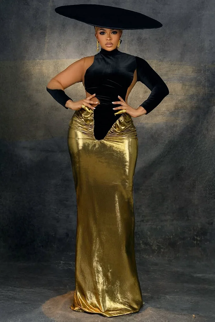 Asymmetric Cutout Patchwork Metallic Party Maxi Dresses-Black [Pre Order]