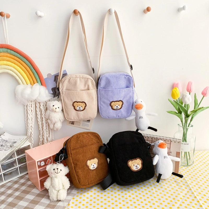 New Cute Embroidered Bear Mobile Phone Bag Japanese Corduroy Soft Girl Girl Student Shoulder Crossbody Small Bag