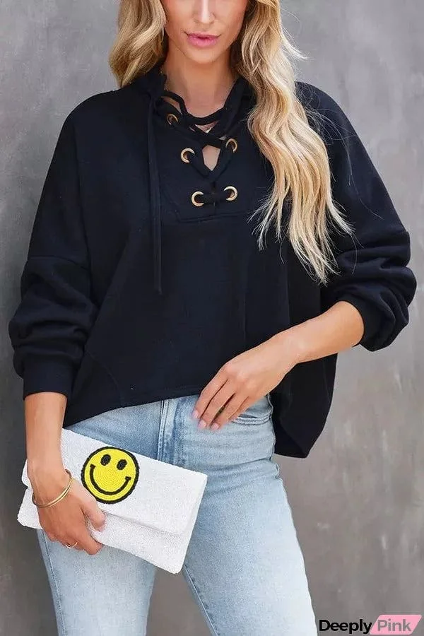 Selena Lace Up Hooded Pullover Sweater
