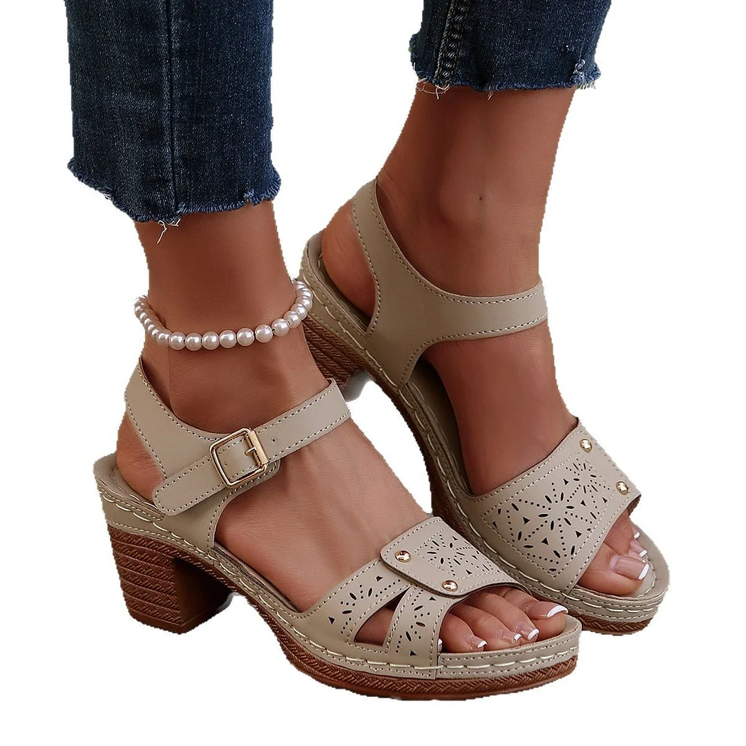Yyvonne Retro Casual Roman Style Round Head Sandals Women New Hollow Pattern High Heel Buckle With Large Size Sandals