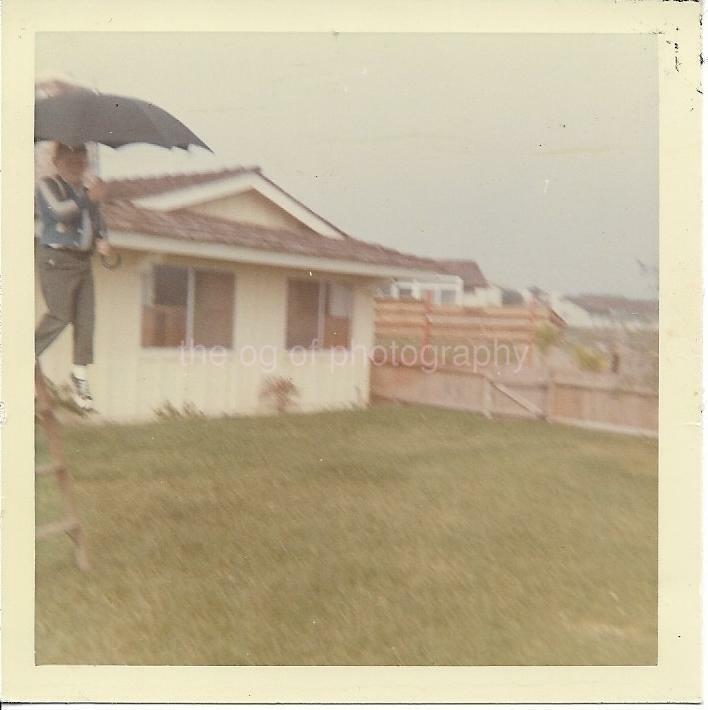 MARY POPPINS IMPERSONATOR Umbrella Boy FOUND Photo Poster painting Color BACKYARD Snapshot 911 9