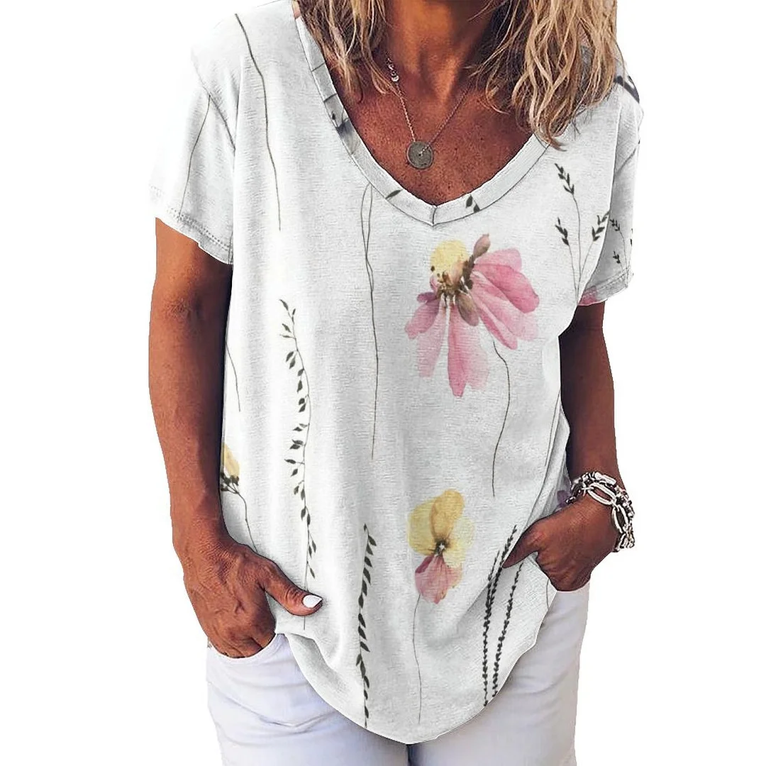 V-neck Short Sleeve Casual T-shirt for  Women Printed with Pattern Floral, Purple, Pink