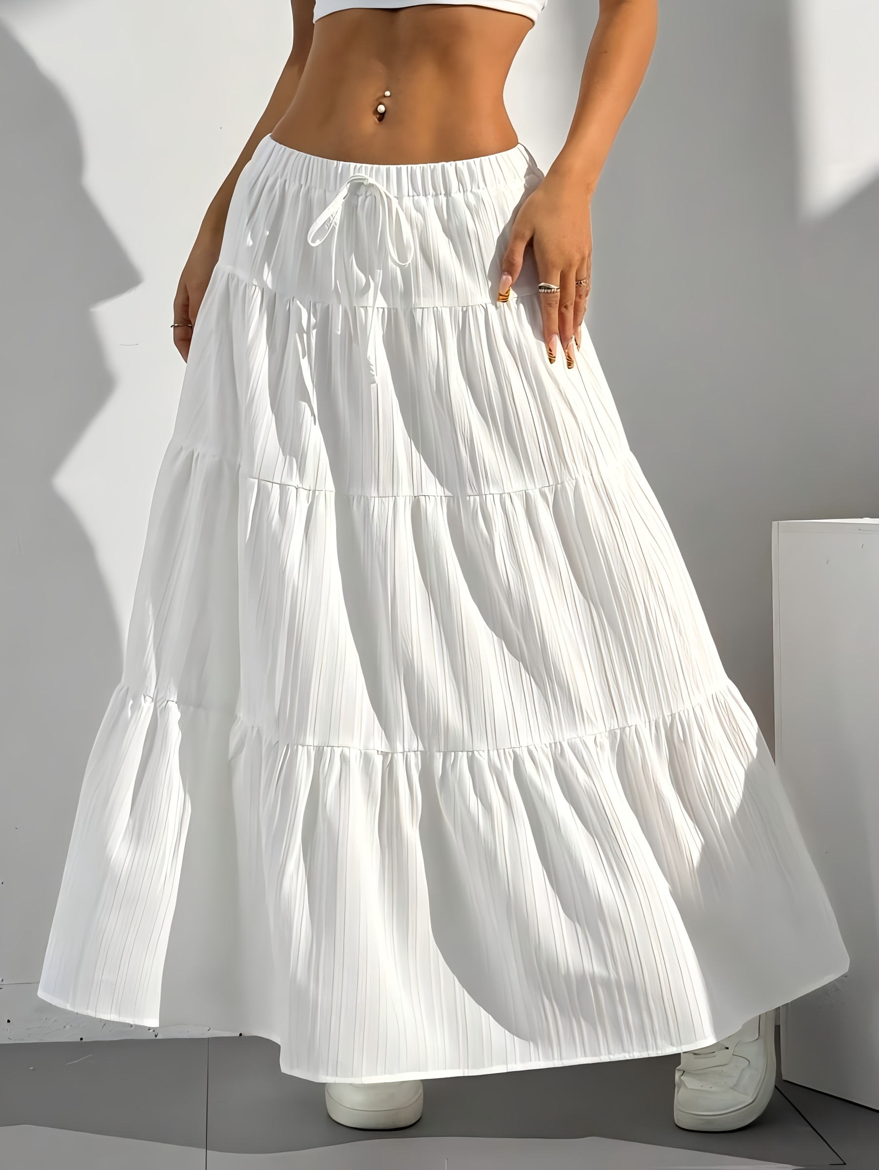 [Flowy Maxi Skirt] White Flowy High-Waisted Pleated Maxi Skirt | Women's Elegant Loose Fit With Ruffle Detail | Perfect For Spring/Summer/Fall, Casual Attire