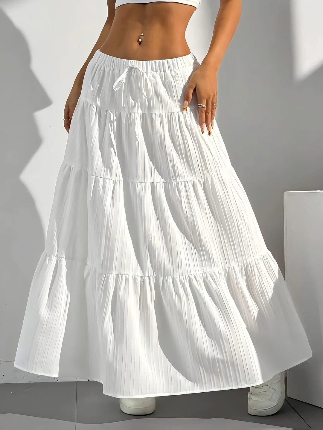 [Flowy Maxi Skirt] White Flowy High-Waisted Pleated Maxi Skirt | Women's Elegant Loose Fit With Ruffle Detail | Perfect For Spring/Summer/Fall, Casual Attire