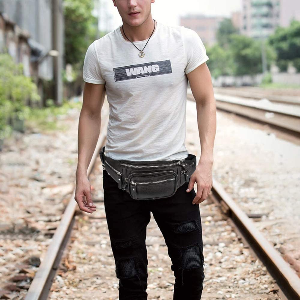 Fanny Pack Waist Bag Multifunction Genuine Leather Hip Bum Bag Travel Pouch for Men and Women- Multiple Pockets & Sturdy Zippers Ideal for Hiking Running And Cycling